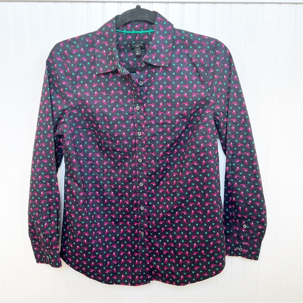 Talbots Petites Navy Blue Indian Elephant Print Button Up Shirt Women’s Size SP